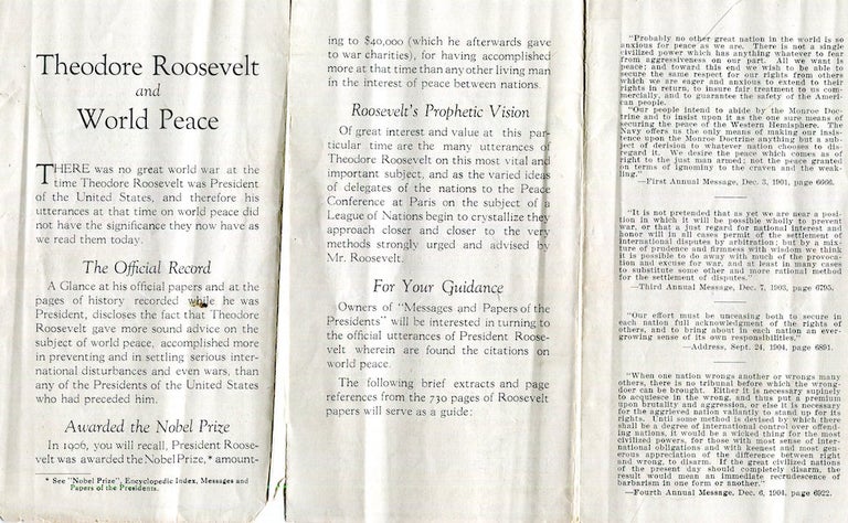 Item #16759 (Prospectus) Theodore Roosevelt and World Peace; Advertising Prospectus for Messages and Papers of the Presidents. Theodore Roosevelt.