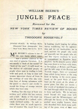 Item #16813 William Beebe's Jungle Peace Reviewed for the New York Times Review Of Books. Review,...