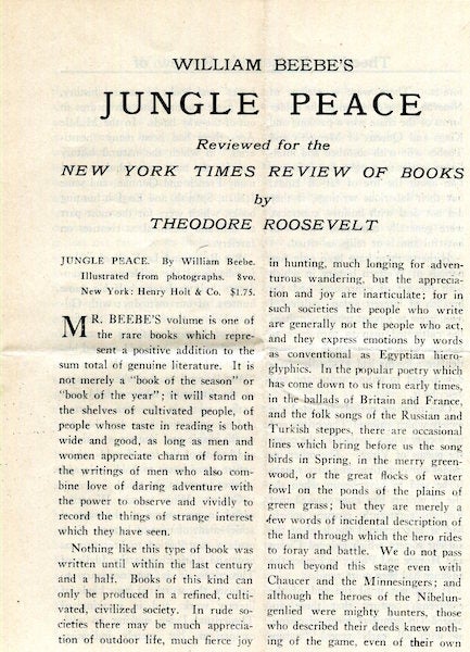 Item #16813 William Beebe's Jungle Peace Reviewed for the New York Times Review Of Books. Review, Theodore Roosevelt.