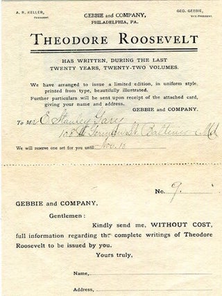 Item #16816 (Prospectus) The Works Of Theodore Roosevelt; The Uniform Edition. Theodore...