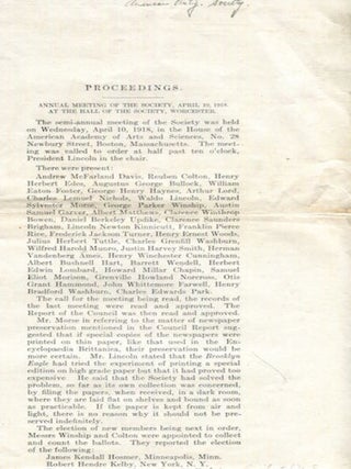 Item #16850 Proceedings. Annual Meeting Of The Society, April 10, 1918. At The Hall Of The...