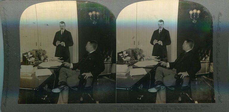 Item #17568 Stereo View Of President Roosevelt Dictating Instructions To His Secretary William Loeb, White House, Washington D.C. Theodore Roosevelt.