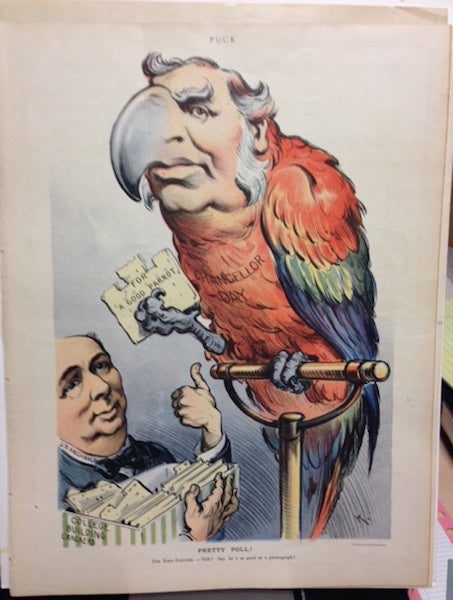 Item #17955 "Pretty Poll!, The Bird Fancier - Talk? Say, he's as good as a phonograph". July 4, 1906. Puck Magazine.