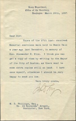 Item #18236 John D. Long, Secretary of the Navy, Typed Letter, Signed, (Tls) one page, (Approx....