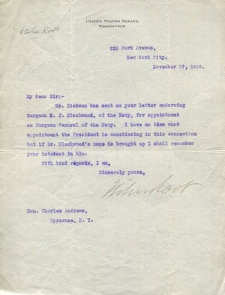 Item #18239 Elihu Root, as a sitting Senator, Typed Letter, Signed, (Tls) one page, (Approx. 8" x...