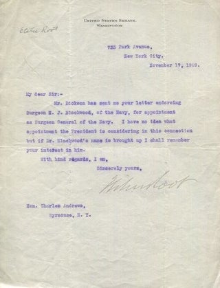 Item #18239 Elihu Root, as a sitting Senator, Typed Letter, Signed, (Tls) one page, (Approx....