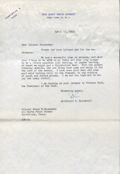 Item #18252 Roosevelt, Archibald. Typed Letter Signed, April 12, 1956. One page to Colonel Henry W. Shoemaker. Archibald Roosevelt.